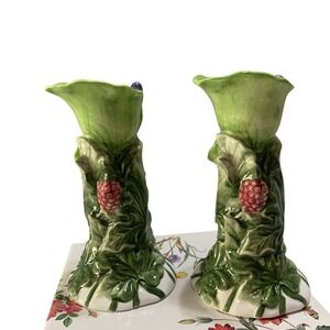 Studio Nova Garden Bloom Ceramic Candlesticks 2 Raspberry Berry Leaf Design